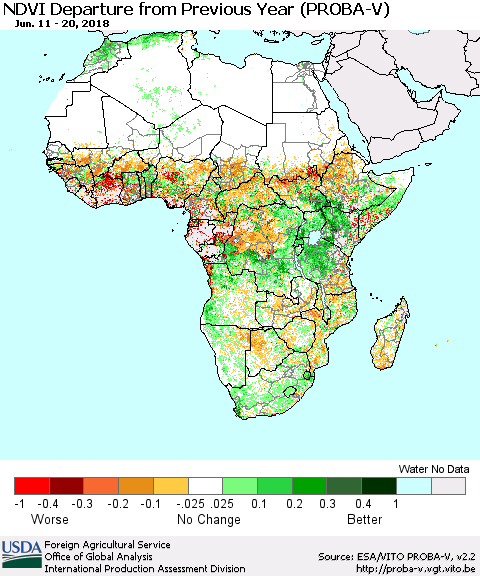 Africa NDVI Departure from Previous Year (PROBA-V) Thematic Map For 6/11/2018 - 6/20/2018