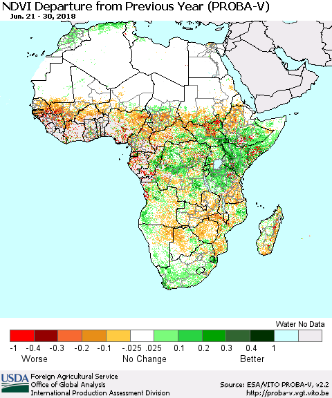 Africa NDVI Departure from Previous Year (PROBA-V) Thematic Map For 6/21/2018 - 6/30/2018