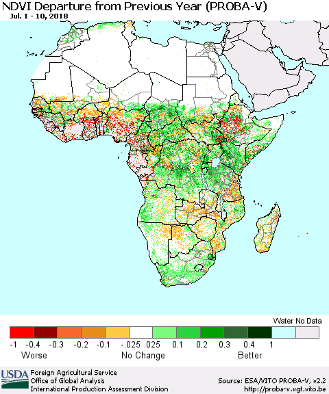 Africa NDVI Departure from Previous Year (PROBA-V) Thematic Map For 7/1/2018 - 7/10/2018