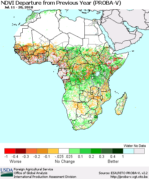 Africa NDVI Departure from Previous Year (PROBA-V) Thematic Map For 7/11/2018 - 7/20/2018