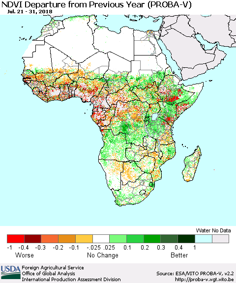 Africa NDVI Departure from Previous Year (PROBA-V) Thematic Map For 7/21/2018 - 7/31/2018