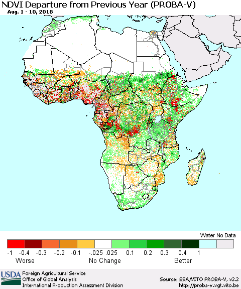 Africa NDVI Departure from Previous Year (PROBA-V) Thematic Map For 8/1/2018 - 8/10/2018