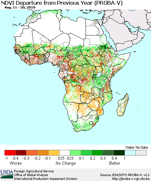 Africa NDVI Departure from Previous Year (PROBA-V) Thematic Map For 8/11/2018 - 8/20/2018