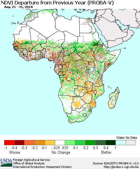 Africa NDVI Departure from Previous Year (PROBA-V) Thematic Map For 8/21/2018 - 8/31/2018