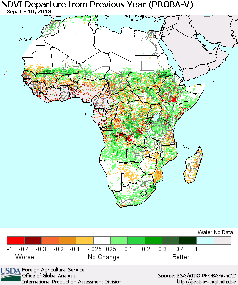 Africa NDVI Departure from Previous Year (PROBA-V) Thematic Map For 9/1/2018 - 9/10/2018