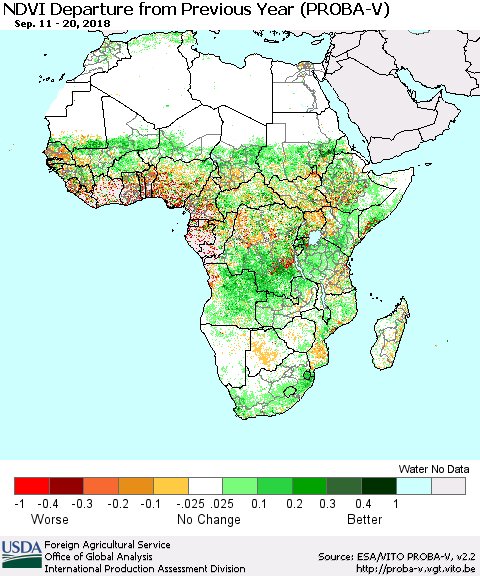 Africa NDVI Departure from Previous Year (PROBA-V) Thematic Map For 9/11/2018 - 9/20/2018