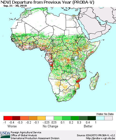 Africa NDVI Departure from Previous Year (PROBA-V) Thematic Map For 9/21/2018 - 9/30/2018