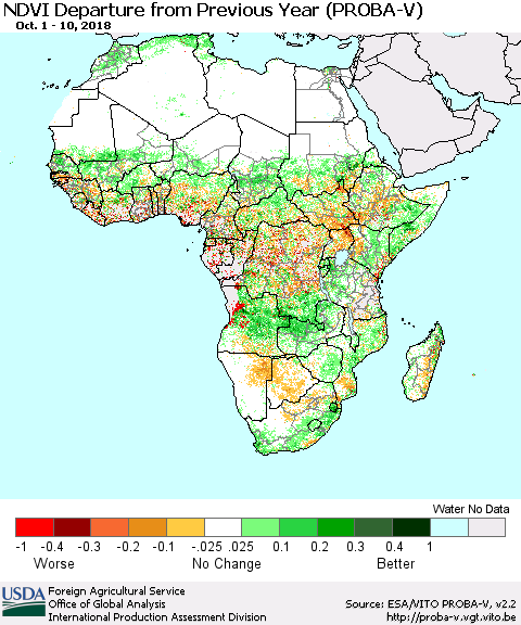 Africa NDVI Departure from Previous Year (PROBA-V) Thematic Map For 10/1/2018 - 10/10/2018