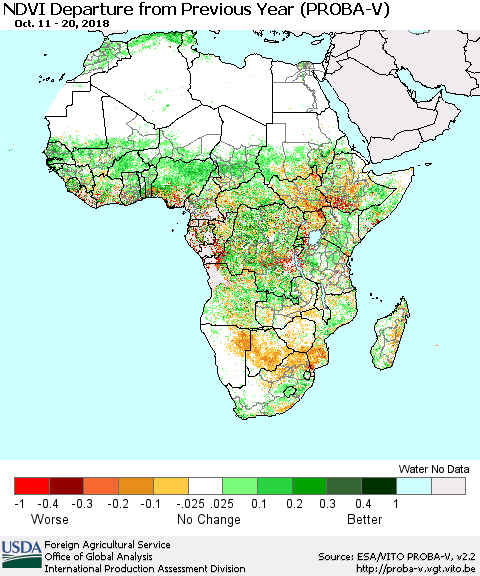 Africa NDVI Departure from Previous Year (PROBA-V) Thematic Map For 10/11/2018 - 10/20/2018