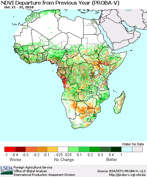Africa NDVI Departure from Previous Year (PROBA-V) Thematic Map For 10/21/2018 - 10/31/2018
