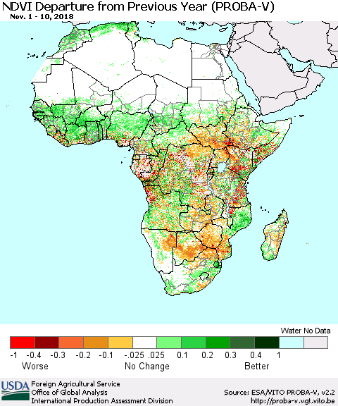 Africa NDVI Departure from Previous Year (PROBA-V) Thematic Map For 11/1/2018 - 11/10/2018