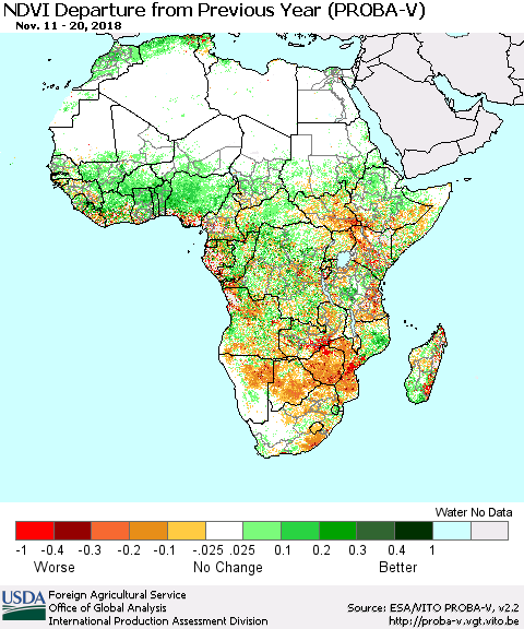 Africa NDVI Departure from Previous Year (PROBA-V) Thematic Map For 11/11/2018 - 11/20/2018