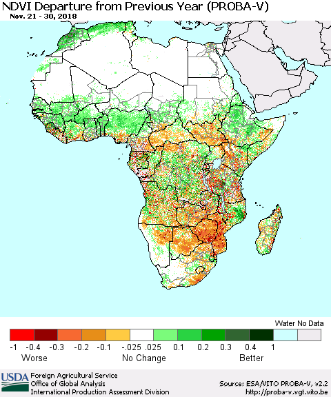 Africa NDVI Departure from Previous Year (PROBA-V) Thematic Map For 11/21/2018 - 11/30/2018