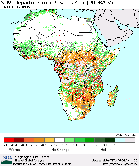 Africa NDVI Departure from Previous Year (PROBA-V) Thematic Map For 12/1/2018 - 12/10/2018
