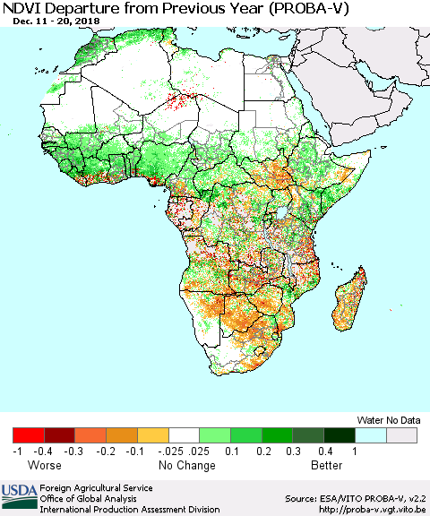 Africa NDVI Departure from Previous Year (PROBA-V) Thematic Map For 12/11/2018 - 12/20/2018