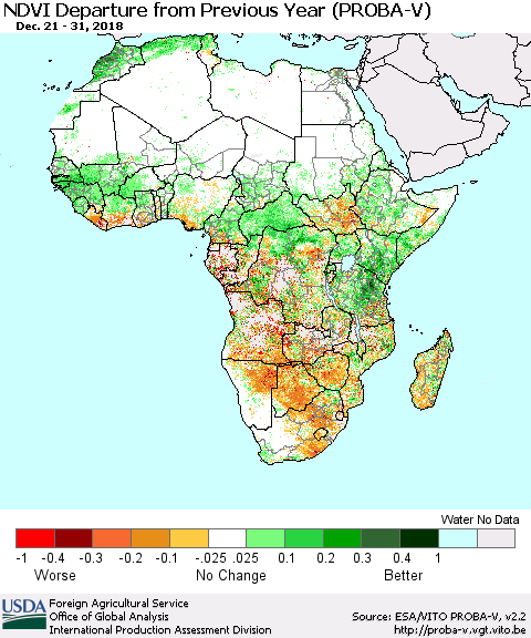 Africa NDVI Departure from Previous Year (PROBA-V) Thematic Map For 12/21/2018 - 12/31/2018