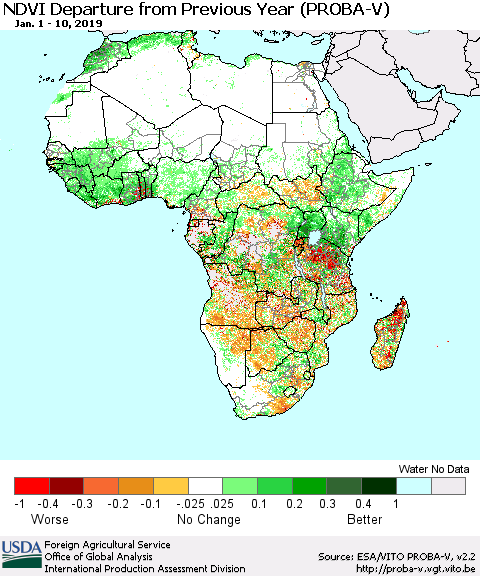 Africa NDVI Departure from Previous Year (PROBA-V) Thematic Map For 1/1/2019 - 1/10/2019