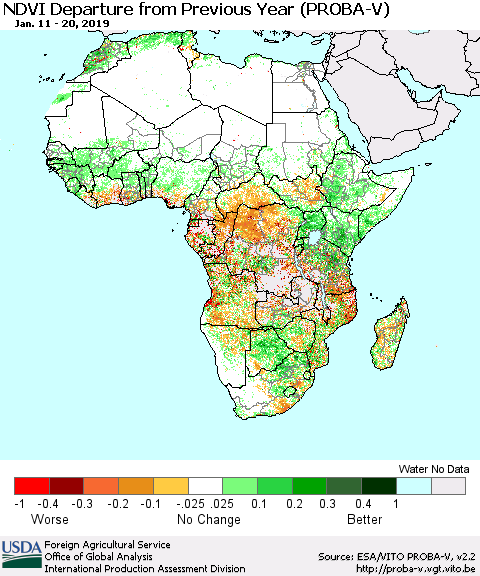 Africa NDVI Departure from Previous Year (PROBA-V) Thematic Map For 1/11/2019 - 1/20/2019