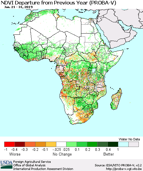 Africa NDVI Departure from Previous Year (PROBA-V) Thematic Map For 1/21/2019 - 1/31/2019