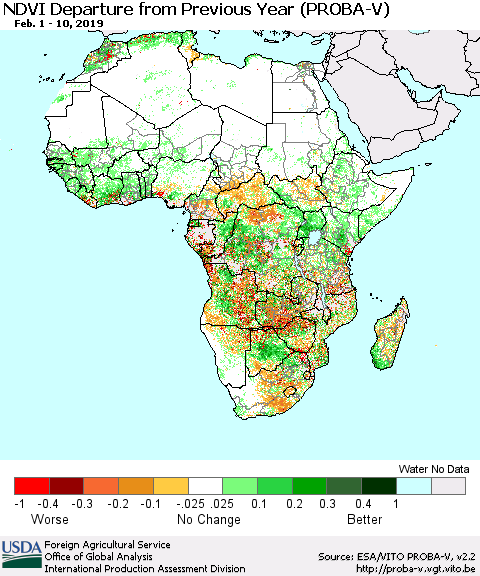 Africa NDVI Departure from Previous Year (PROBA-V) Thematic Map For 2/1/2019 - 2/10/2019