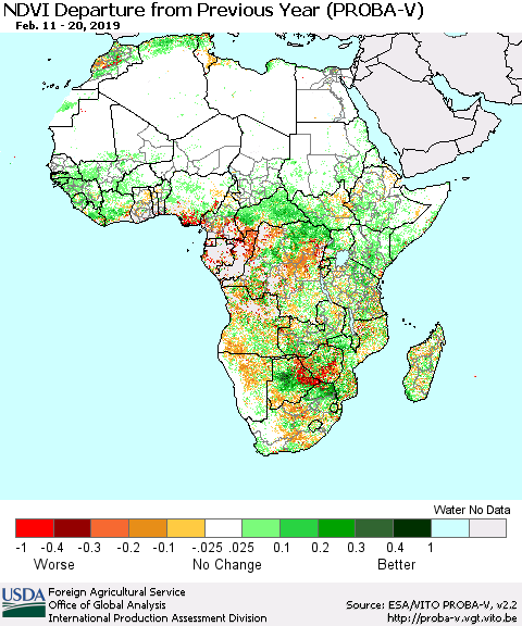 Africa NDVI Departure from Previous Year (PROBA-V) Thematic Map For 2/11/2019 - 2/20/2019