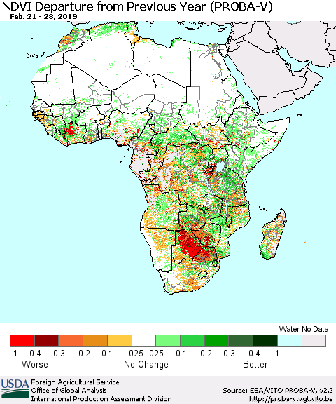 Africa NDVI Departure from Previous Year (PROBA-V) Thematic Map For 2/21/2019 - 2/28/2019