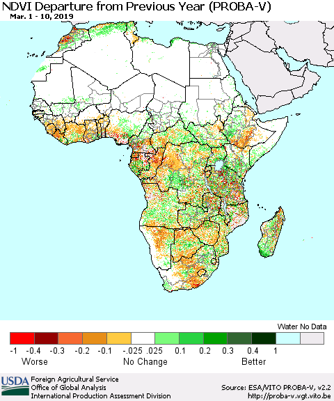 Africa NDVI Departure from Previous Year (PROBA-V) Thematic Map For 3/1/2019 - 3/10/2019