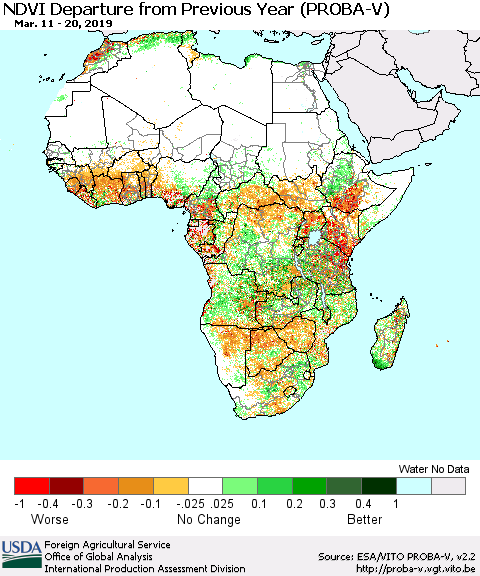 Africa NDVI Departure from Previous Year (PROBA-V) Thematic Map For 3/11/2019 - 3/20/2019
