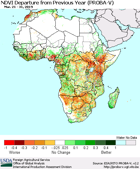 Africa NDVI Departure from Previous Year (PROBA-V) Thematic Map For 3/21/2019 - 3/31/2019