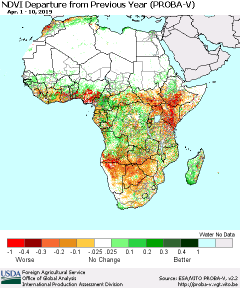 Africa NDVI Departure from Previous Year (PROBA-V) Thematic Map For 4/1/2019 - 4/10/2019