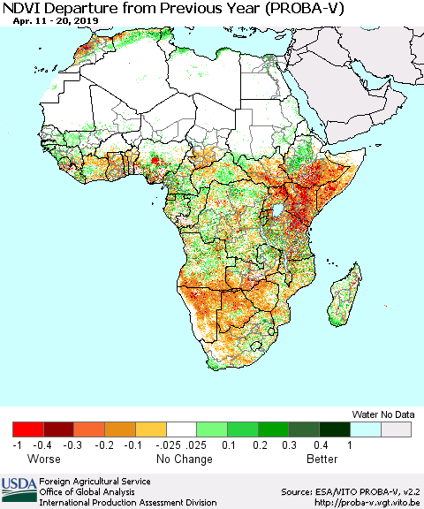 Africa NDVI Departure from Previous Year (PROBA-V) Thematic Map For 4/11/2019 - 4/20/2019