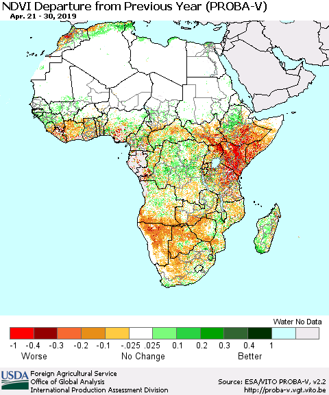 Africa NDVI Departure from Previous Year (PROBA-V) Thematic Map For 4/21/2019 - 4/30/2019