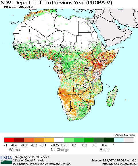 Africa NDVI Departure from Previous Year (PROBA-V) Thematic Map For 5/11/2019 - 5/20/2019