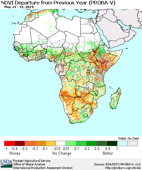 Africa NDVI Departure from Previous Year (PROBA-V) Thematic Map For 5/21/2019 - 5/31/2019