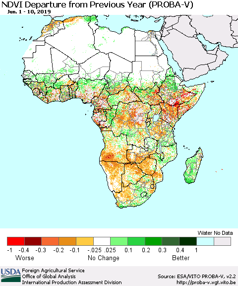 Africa NDVI Departure from Previous Year (PROBA-V) Thematic Map For 6/1/2019 - 6/10/2019