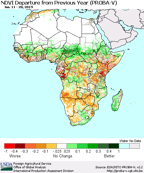 Africa NDVI Departure from Previous Year (PROBA-V) Thematic Map For 6/11/2019 - 6/20/2019