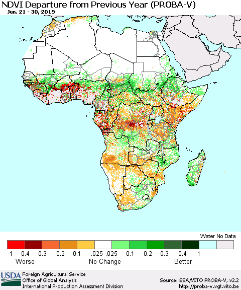 Africa NDVI Departure from Previous Year (PROBA-V) Thematic Map For 6/21/2019 - 6/30/2019