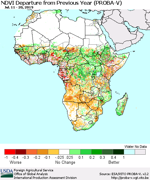 Africa NDVI Departure from Previous Year (PROBA-V) Thematic Map For 7/11/2019 - 7/20/2019