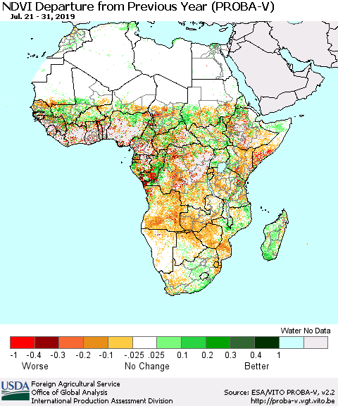 Africa NDVI Departure from Previous Year (PROBA-V) Thematic Map For 7/21/2019 - 7/31/2019