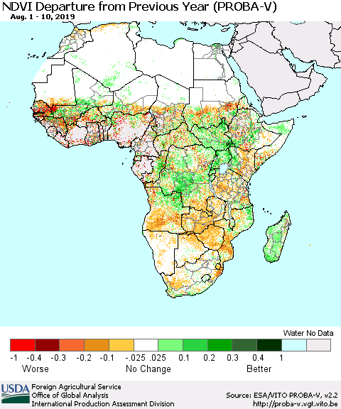 Africa NDVI Departure from Previous Year (PROBA-V) Thematic Map For 8/1/2019 - 8/10/2019