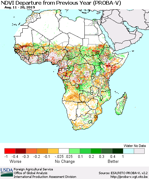 Africa NDVI Departure from Previous Year (PROBA-V) Thematic Map For 8/11/2019 - 8/20/2019