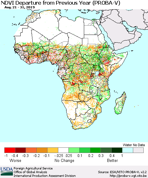 Africa NDVI Departure from Previous Year (PROBA-V) Thematic Map For 8/21/2019 - 8/31/2019
