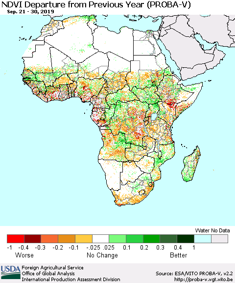 Africa NDVI Departure from Previous Year (PROBA-V) Thematic Map For 9/21/2019 - 9/30/2019