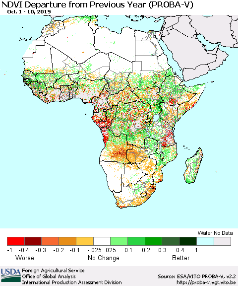 Africa NDVI Departure from Previous Year (PROBA-V) Thematic Map For 10/1/2019 - 10/10/2019