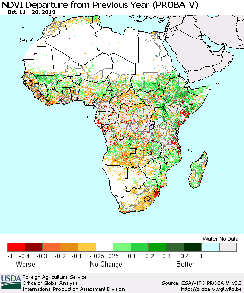 Africa NDVI Departure from Previous Year (PROBA-V) Thematic Map For 10/11/2019 - 10/20/2019