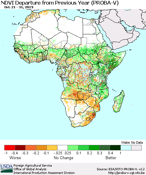 Africa NDVI Departure from Previous Year (PROBA-V) Thematic Map For 10/21/2019 - 10/31/2019