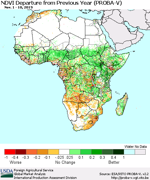 Africa NDVI Departure from Previous Year (PROBA-V) Thematic Map For 11/1/2019 - 11/10/2019