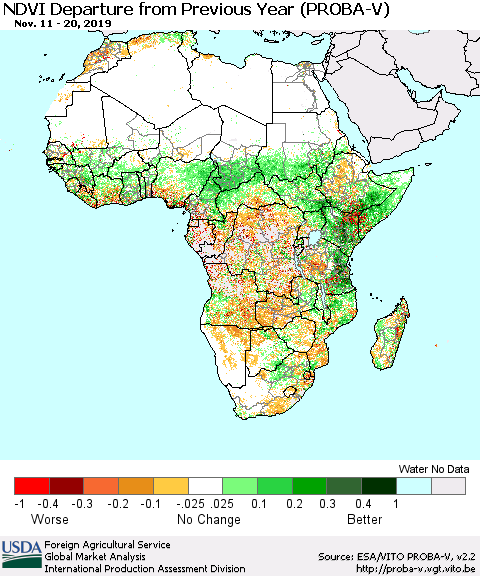 Africa NDVI Departure from Previous Year (PROBA-V) Thematic Map For 11/11/2019 - 11/20/2019
