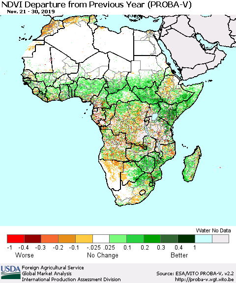 Africa NDVI Departure from Previous Year (PROBA-V) Thematic Map For 11/21/2019 - 11/30/2019