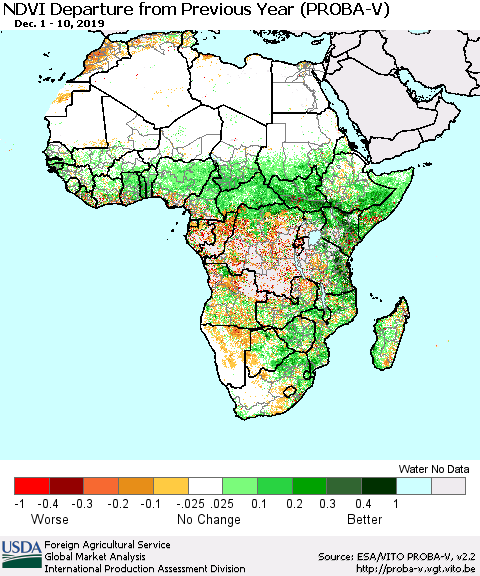 Africa NDVI Departure from Previous Year (PROBA-V) Thematic Map For 12/1/2019 - 12/10/2019